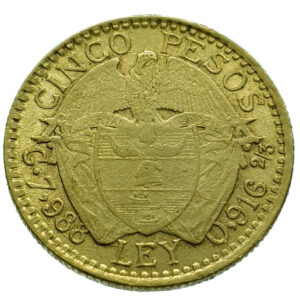 Colombia 5 Pesos 1918 Gold Very Fine+