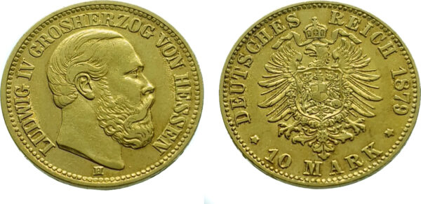 Germany, Hessen-Darmstadt 10 Mark 1879-H Ludwig IV - Gold Very Fine+