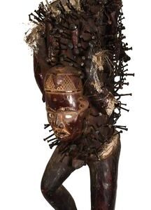 Large Nail Fetish (122 cm) - Hair (animal), Horn, Iron, Nail, Wood - KONGO - DR Congo