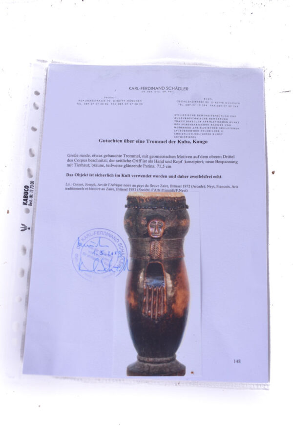 Ancient Drum - Wood, Leather - Kuba - DR Congo - Karl Ferdinand Schädler Certificate