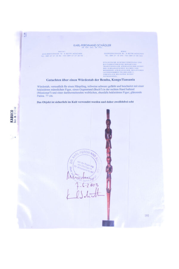 Power stick / Scepter - Wood - Bemba - Congo / Tanzania - Schädler certificate