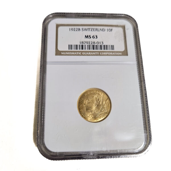 Switzerland 10 Francs 1922B Helvetia - Gold NGC