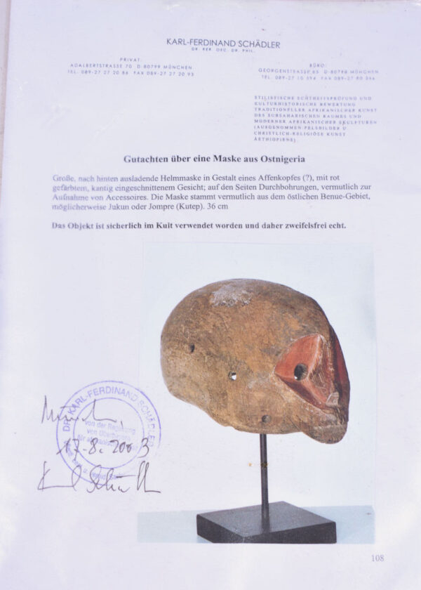Mask - Wood - Jukun / Jompre - Nigeria - Schädler certificate