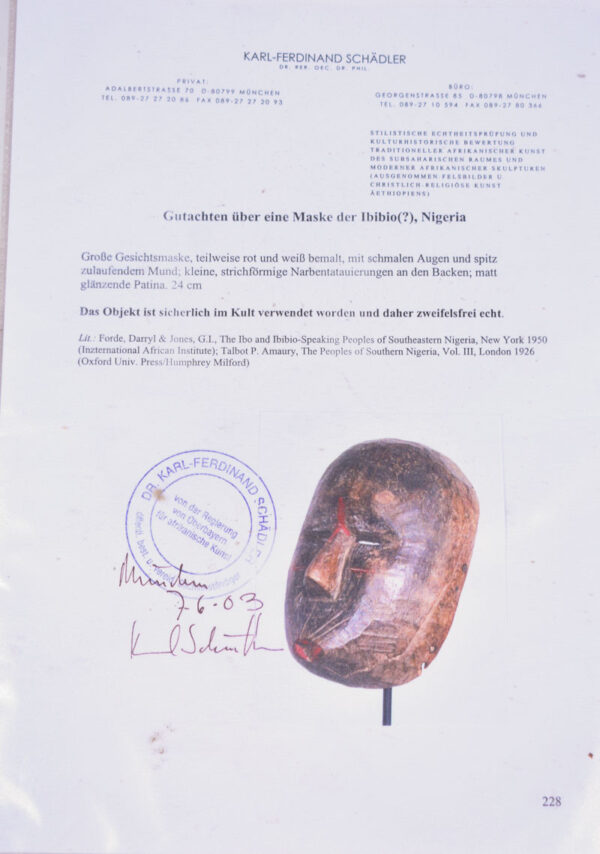 Mask - Wood - Ibibio - Nigeria - Schädler certificate