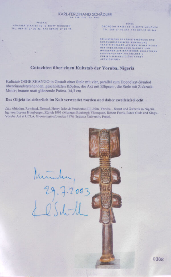 Cult Staff - Wood - Shango - Yoruba - Nigeria - Schädler certificate