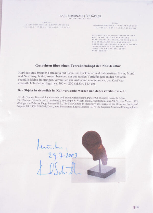 Terracotta Head - Nok - Nigeria - KF Schädler certificate