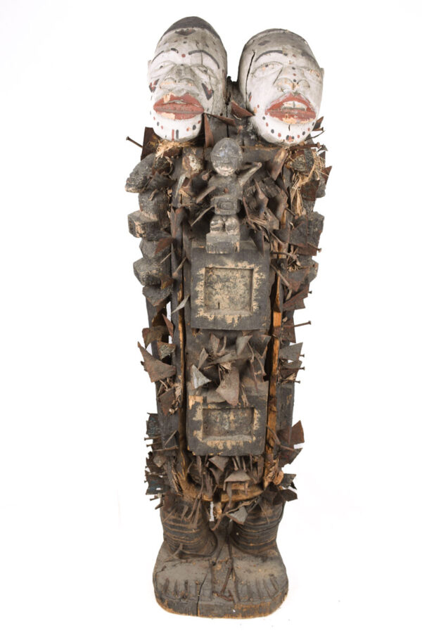 Double headed Nkisi Figure - Wood, Nails, Iron - Kongo- Congo