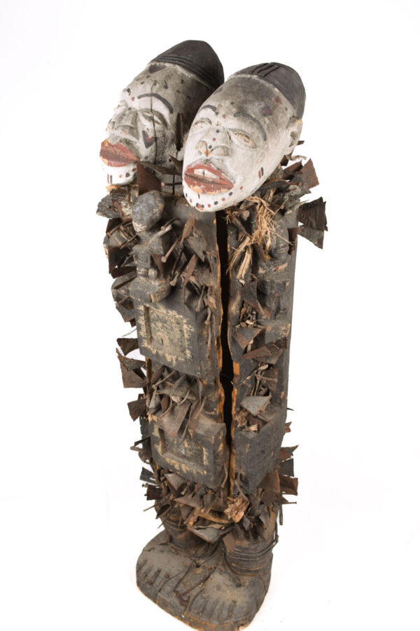 Double headed Nkisi Figure - Wood, Nails, Iron - Kongo- Congo