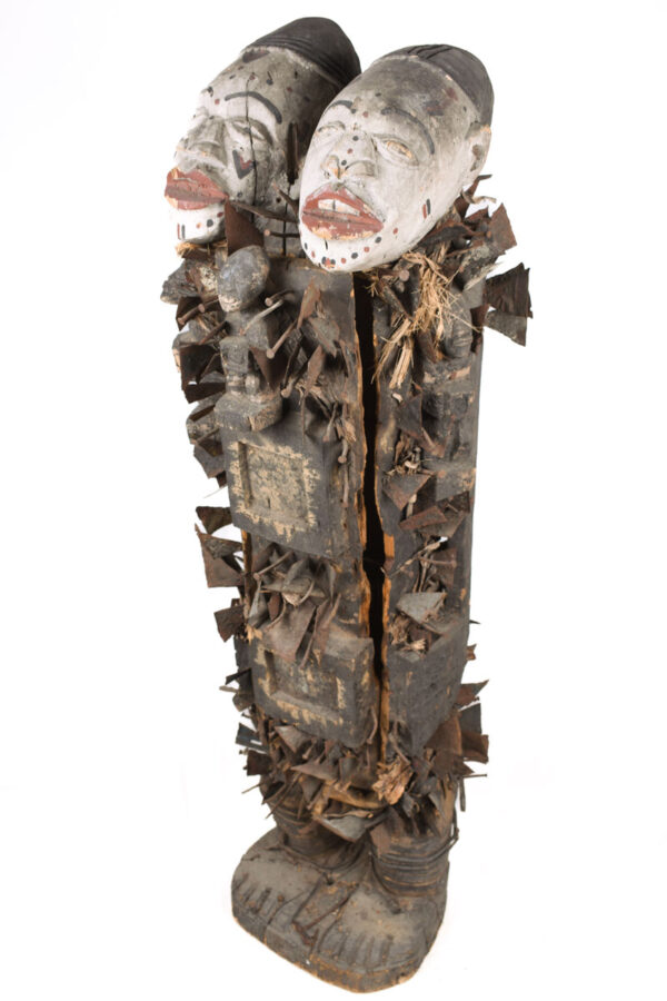 Double headed Nkisi Figure - Wood, Nails, Iron - Kongo- Congo