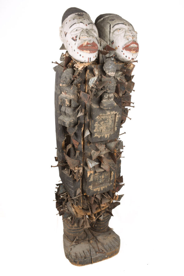 Double headed Nkisi Figure - Wood, Nails, Iron - Kongo- Congo