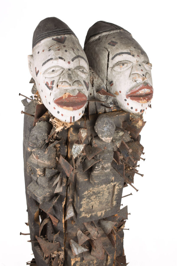Double headed Nkisi Figure - Wood, Nails, Iron - Kongo- Congo