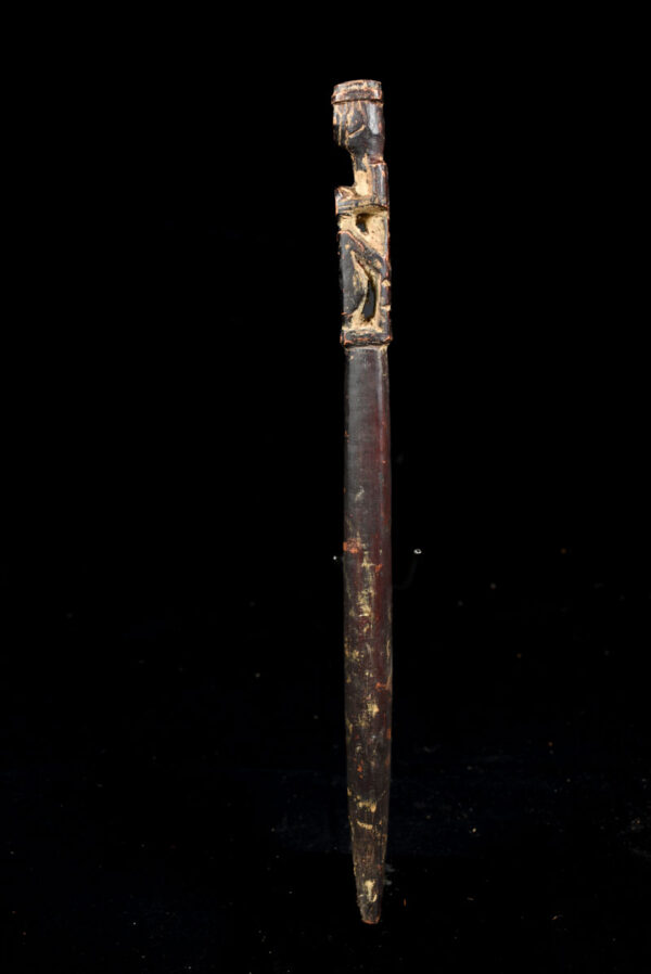 Unique wooden ritual figure / drum handle from Nepal. Wonderful patina of use. Provenance: former private collection from Germany.