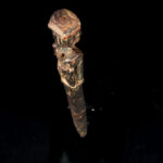 Unique wooden ritual figure / drum handle from Nepal. Wonderful patina of use. Provenance: former private collection from Germany.