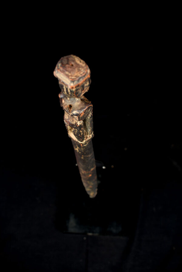 Unique wooden ritual figure / drum handle from Nepal. Wonderful patina of use. Provenance: former private collection from Germany.